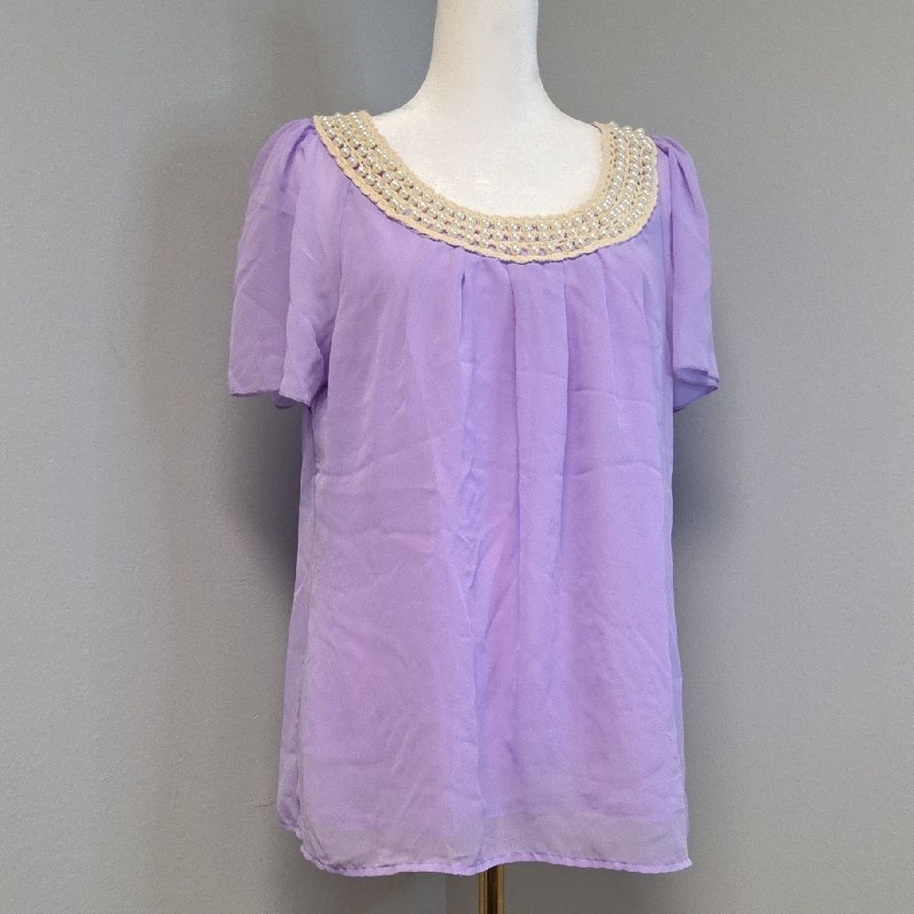 Purple Puff Sleeve Blouse with Embellished Bib Collar